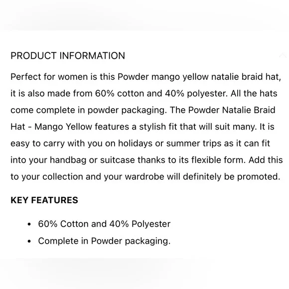Powder Natalie mango cotton-rich hat w/suede-like braided detail/adjustable-NWT